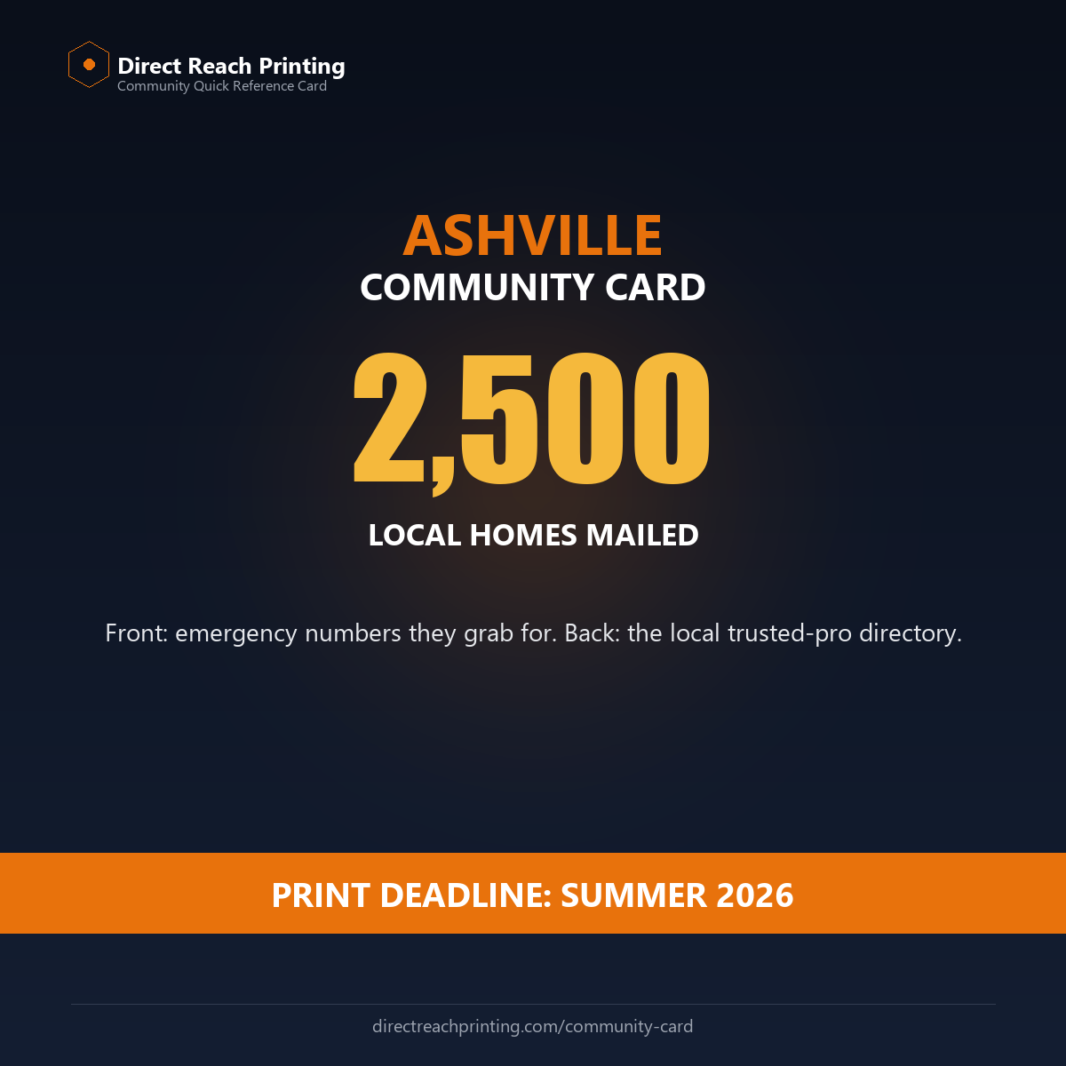 Ashville Community Card — 2,500 homes, print deadline